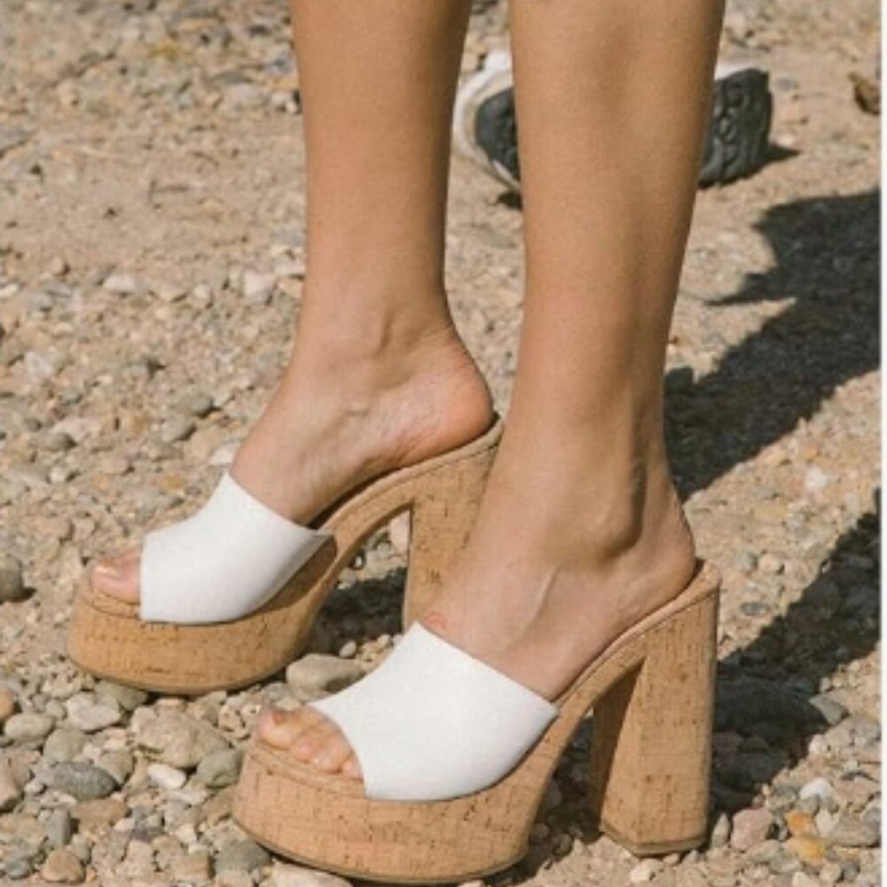 FOWT White Cork High Chunky Heel Platform Open Toe Vacation Sandals for Dress